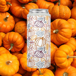 Pumpkin Patch Slim Can Cooler on Pumpkin Bckground